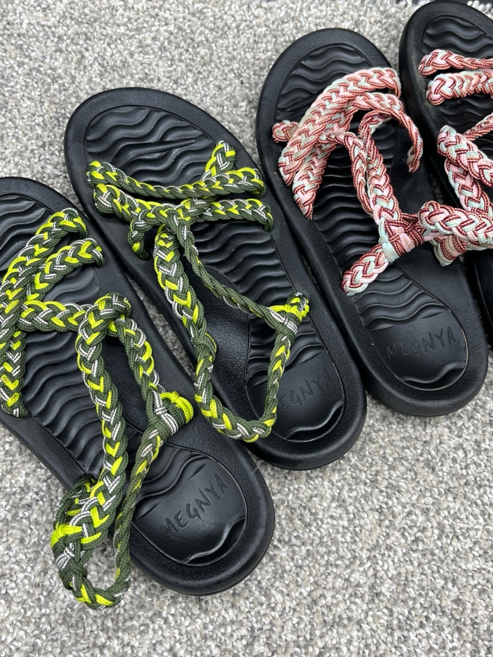 MEGNYA women’s Braided Strap Slides in Green/Neon and Pink/Cream size 7